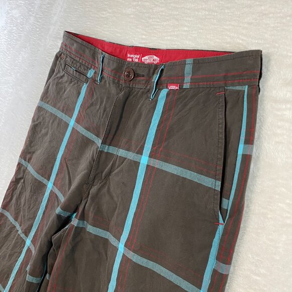 Vans Brown Blue Plaid Skater Shorts Casual Beach Travel Flat Front Summer sz 32 - Picture 2 of 10